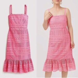 J.Crew Pink Lace Eyelet Ruffle Hem Midi Dress Summer‎ Wedding Party Size 2